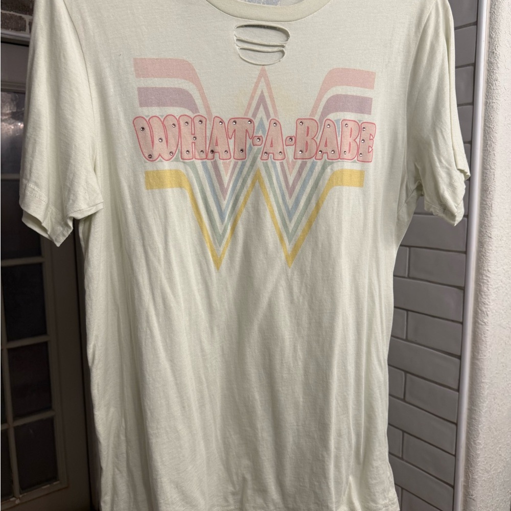 What-A-Babe Embellished Graphic Tee - Pale Green with Pastel Print